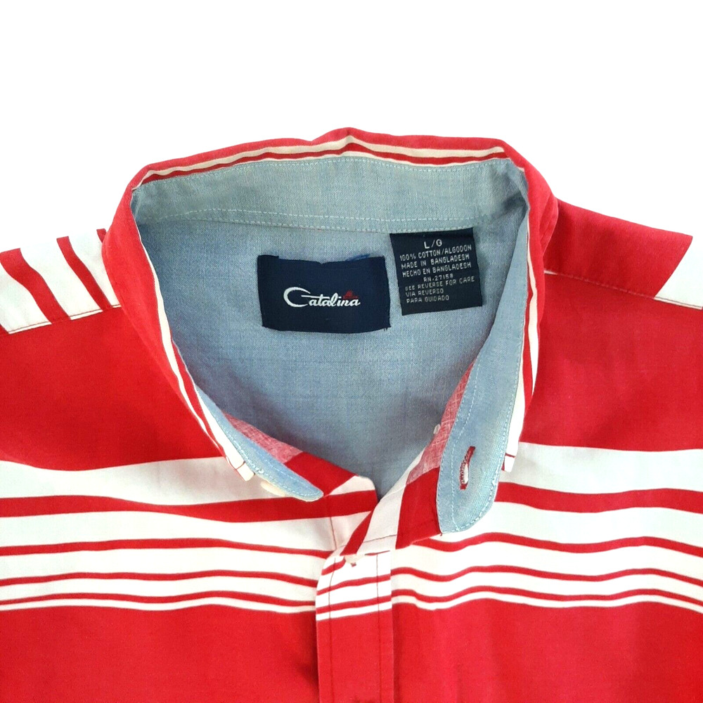 Catalina Vtg Wide Striped Mens Button Down Shirt Size Large Patriotic Red White - Picture 3 of 4